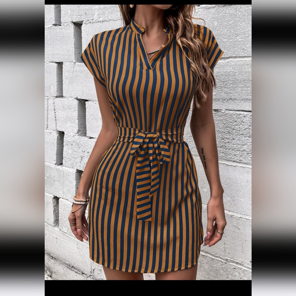 Shein Vertical Striped Notched Neck Batwing Sleeve Belted Dress - Picture 12 of 13
